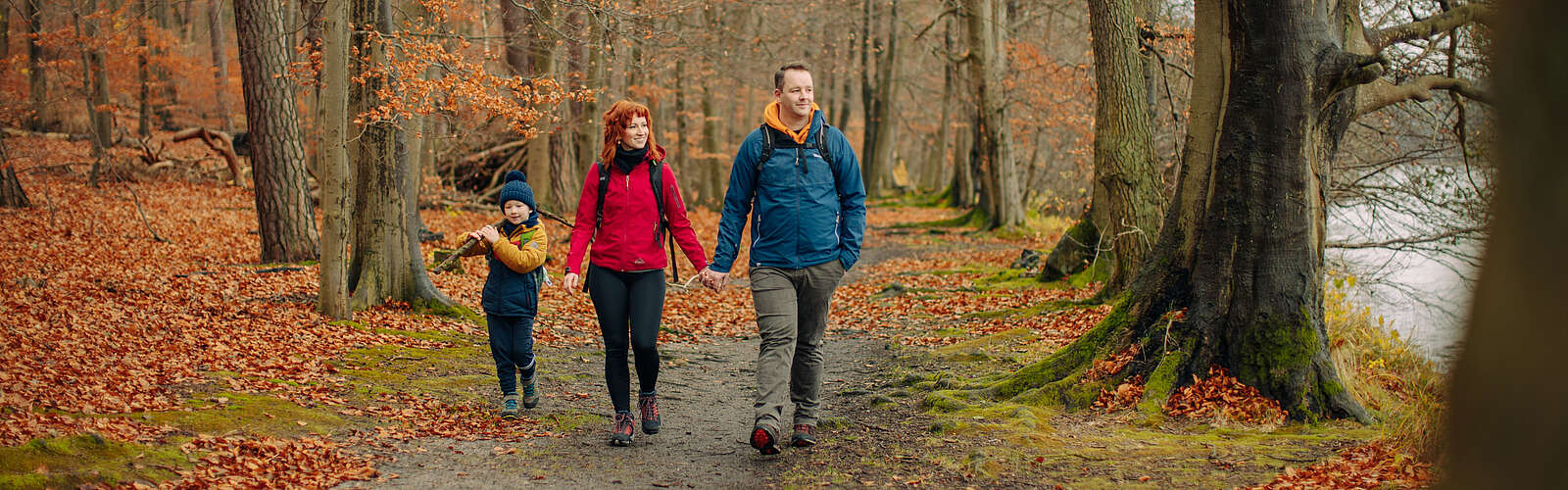 <p>Eine Familie aus Vater, Mutter und Kind wandert durch einen herbstlichen Wald am Seeufer</p>