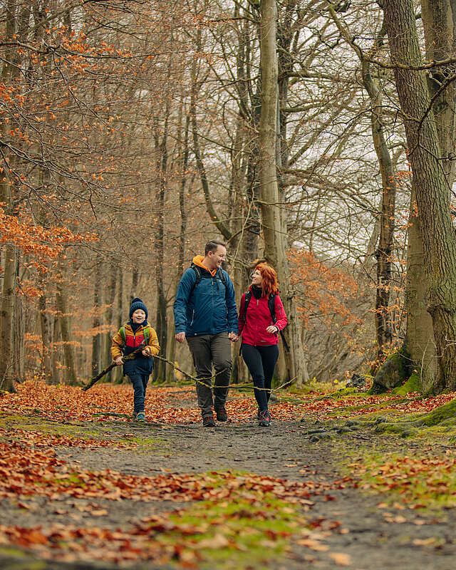 <p>Eine Familie aus Vater, Mutter und Kind wandert durch einen herbstlichen Wald am Seeufer</p>