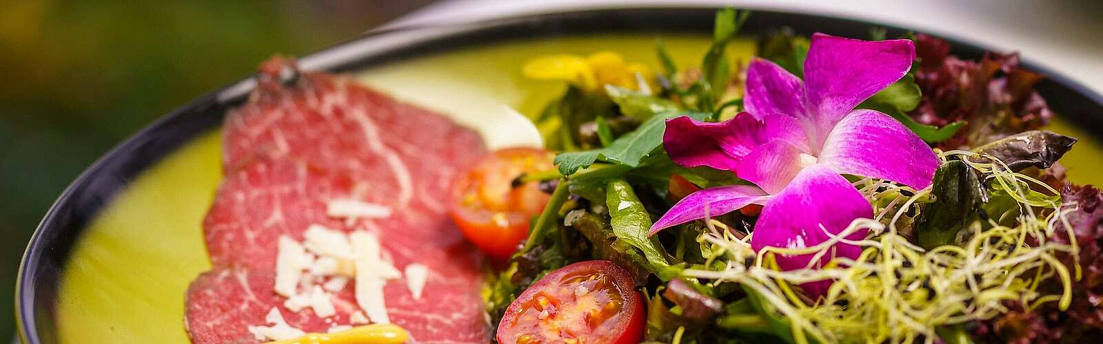 <p>Fotos eines grünen, hübsch angerichteten Tellers mit roter Salami, kleinen Tomatenhälften, Salat und violetten Blüten.</p>