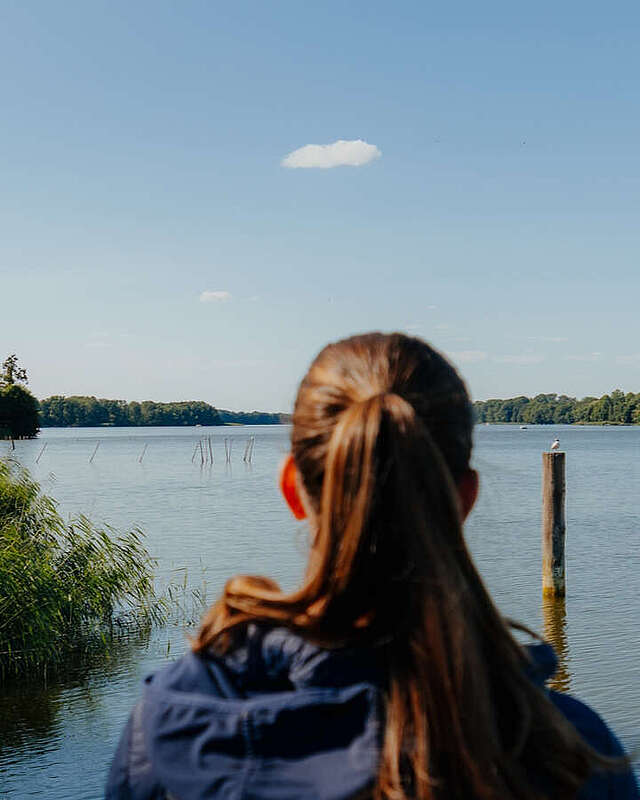 <p>Eine junge Frau steht an einem Geländer und schaut über den blauen See. Sie ist von hinten zu sehen.</p>