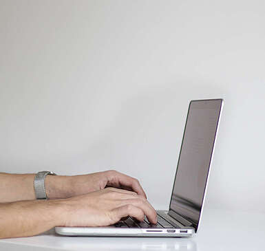 <p>Nahaufnahme von Händen, die auf der Tastatur eines Laptops schreiben. Rechts auf dem Tisch steht eine Pflanze.</p>